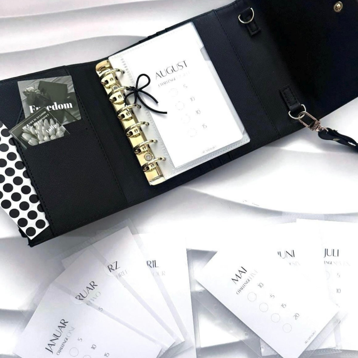 SET A7 Pocket mit 500 Euro Sparziel | schwarz gold | Saffiano Leder